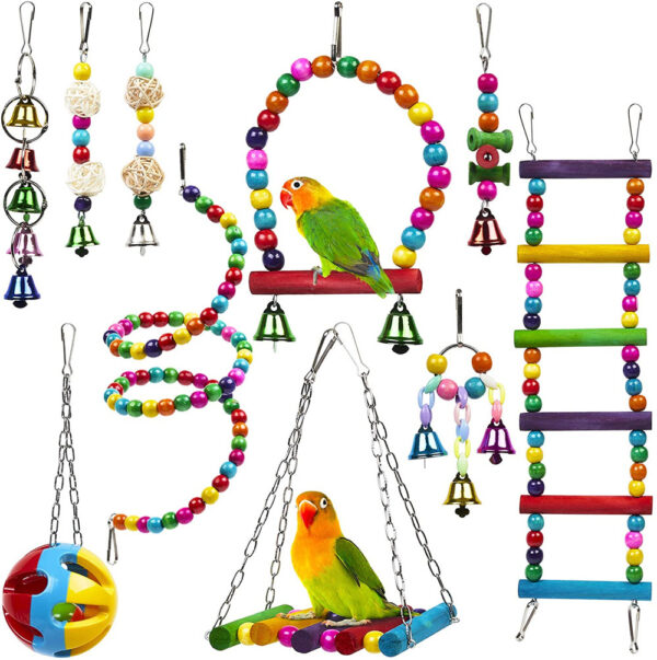 Parrot Combination Toy 10-Piece Set Wooden Bead Rotating Ladder Swing Stand Wooden Ladder Sepak Takraw Chewing Toy - Image 2