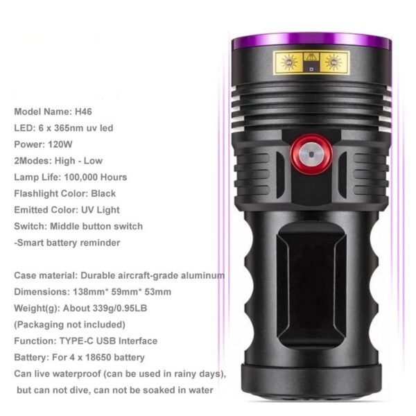 Six-core 365nm High Power UV Purple Light Aluminum Alloy Torch - Image 6