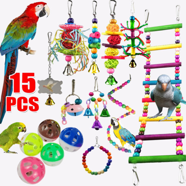 Parrot Combination Toy 10-Piece Set Wooden Bead Rotating Ladder Swing Stand Wooden Ladder Sepak Takraw Chewing Toy - Image 4