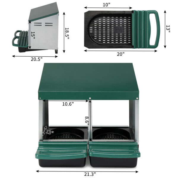 2 Compartments 54x52x47cm Pitched Roof House Iron-plastic Green Chicken Feeding Trough - Image 2