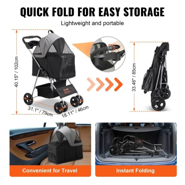VEVOR Pet Stroller, A Four-wheeled Rotating Dog Stroller With A Brake, Has A Weight Capacity Of 35 Pounds. It Comes With A Detachable Tray, Storage Basket, And Cup Holder, Suitable For Travel With Dog - Image 5